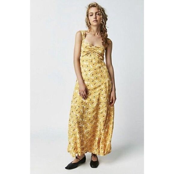 Free People Rosalee Midi Dress Yellow floral rose print sun summer Size L - NWOT - Picture 9 of 11